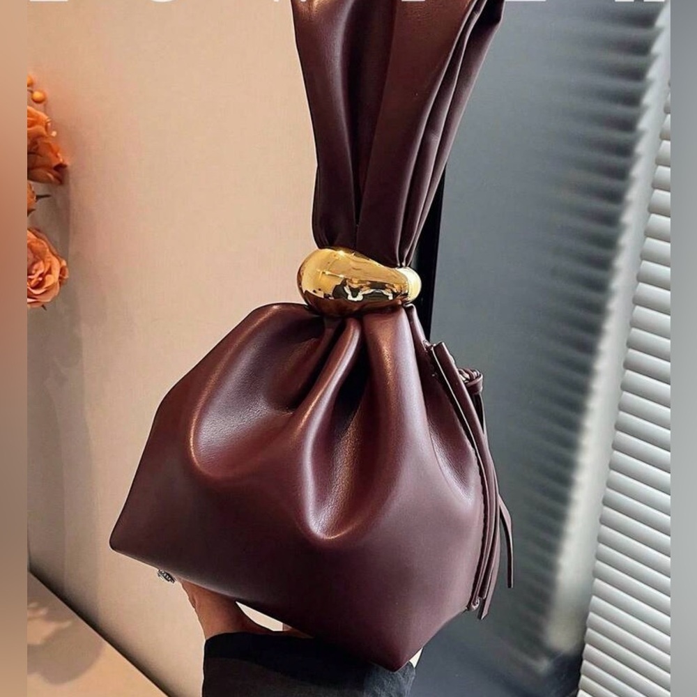 Elegant Brown Faux Leather Bag with Gold Accent